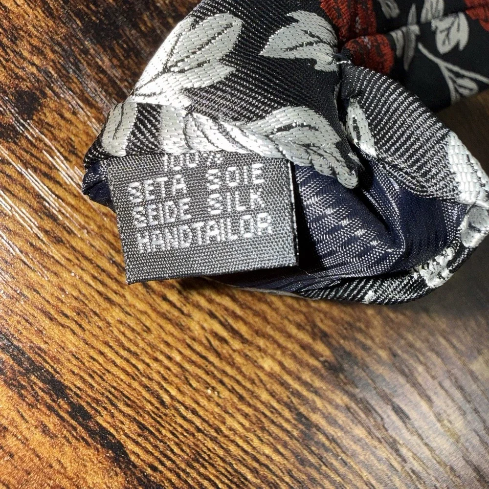 Hi-Tie Black Red Floral Tie Pocket‎ Square Set Mens Necktie Gray Leaf Slim